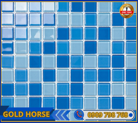 Gạch Mosaic Thủy tinh trộn 3 màu xanh nhạt 25x25mm MST25030