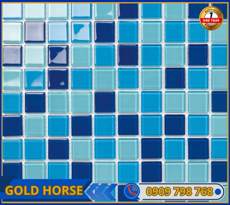 Gạch Mosaic Thủy tinh trộn 3 màu xanh ngọc 25x25mm MST 25032