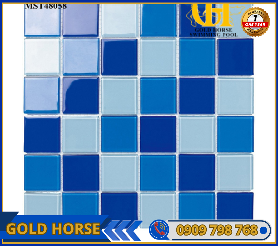 Gạch Mosaic Thủy tinh 3 màu xanh trộn 48×48 