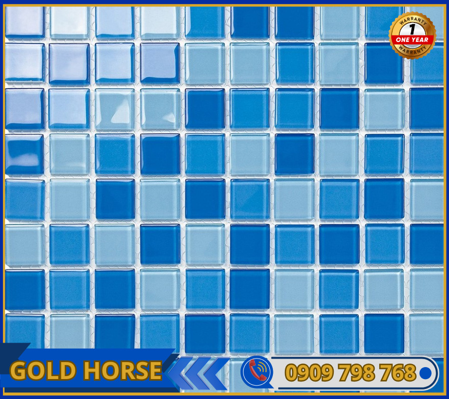 Gạch Mosaic Thủy tinh trộn 3 màu xanh nhạt 25x25mm MST25030