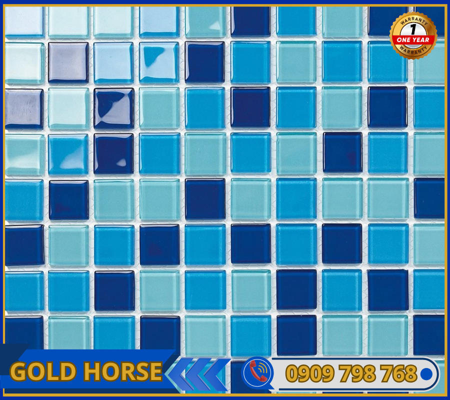 Gạch Mosaic Thủy tinh trộn 3 màu xanh ngọc 25x25mm MST 25032
